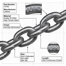 Load image into Gallery viewer, Lofrans 72750 6mm Anchor Chain G40 ISO 4565 DIN 766 Galvanized 50m Calibrated